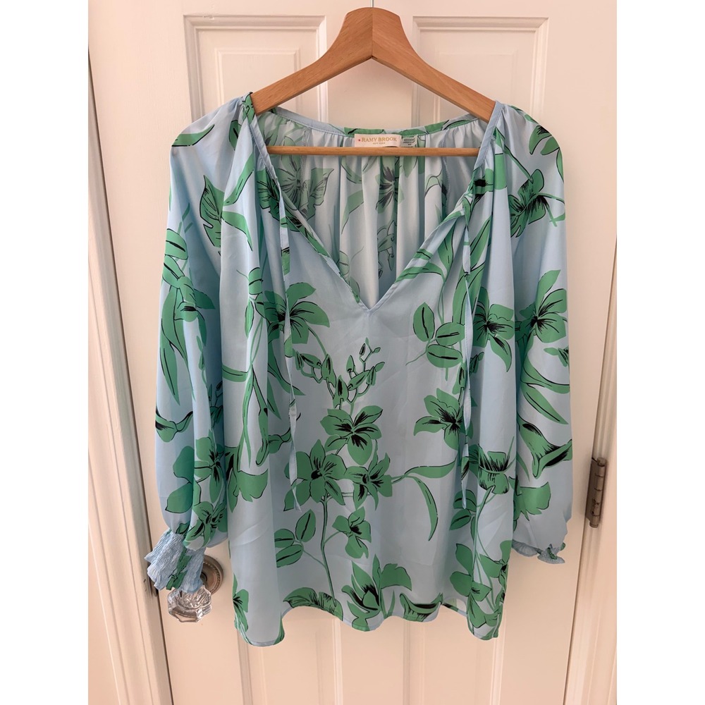 Ramy Brook Floral V-Neck Blouse Blue Green Medium Boho Casual